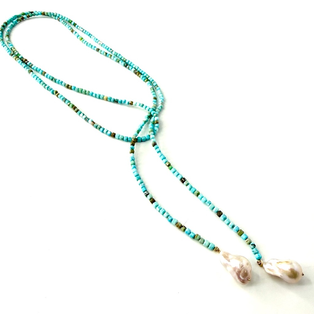 Turquoise Beaded Lariat Necklace with Baroque Pearl Drops - Picture 3 of 6